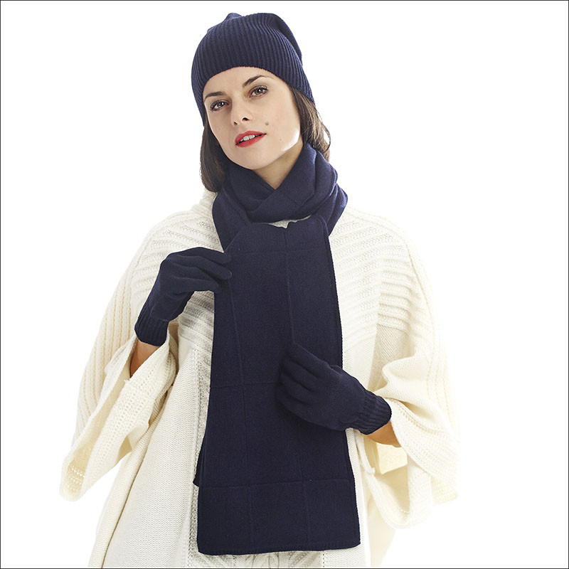 Ensemble classique cachemire femme bonnet gants écharpe - bleu marine Ensemble classique cachemire femme bonnet gants écharpe - bleu marine