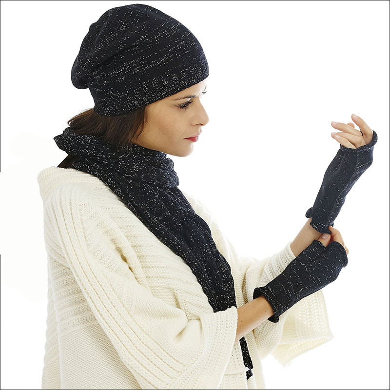 Thème cachemire brillant noir bonnet écharpe mitaines - noir Thème cachemire brillant noir bonnet écharpe mitaines - noir