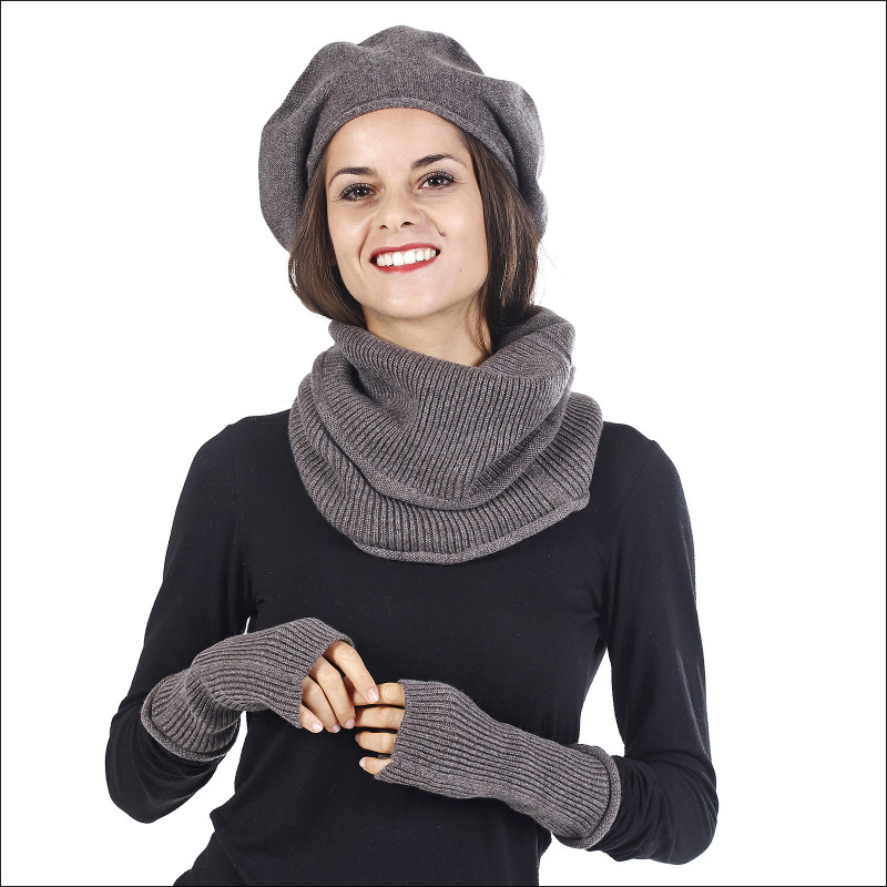 Ensemble élégance cachemire femme béret snood mitaines - marron