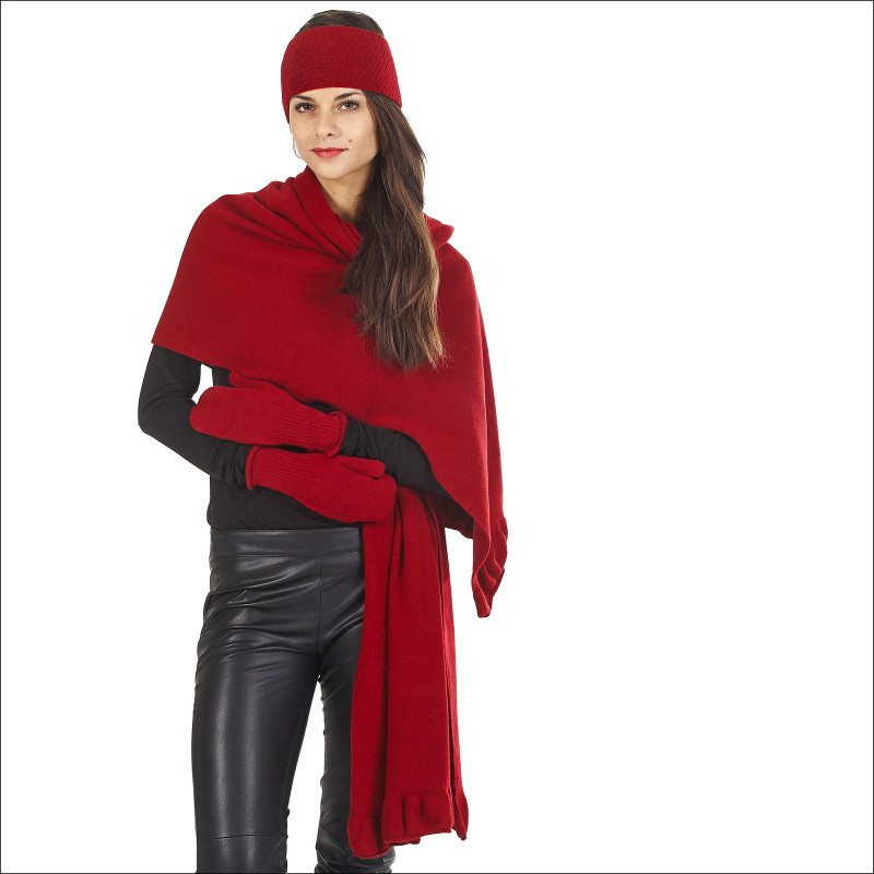 Thème étole bandeau moufles pure laine - rouge Thème étole bandeau moufles pure laine - rouge