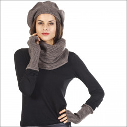 Ensemble élégance cachemire femme béret snood mitaines - marron