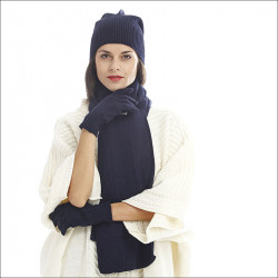 Ensemble classique cachemire femme bonnet gants écharpe - bleu marine
