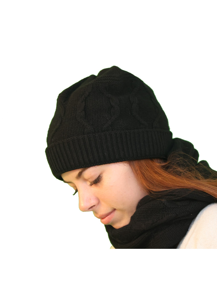 Bonnet torsade cachemire noir pour femme