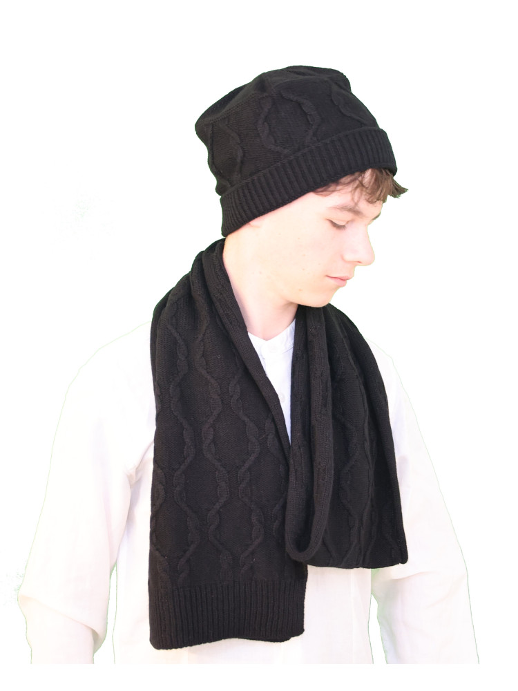 Ensemble bonnet écharpe à torsades pur cachemire noir Ensemble bonnet écharpe à torsades pur cachemire noir