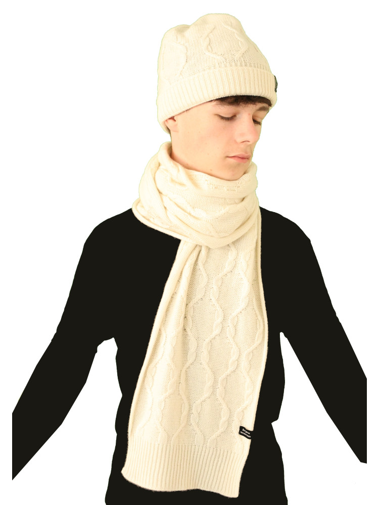 Ensemble bonnet écharpe à torsades pur cachemire écru Ensemble bonnet écharpe à torsades pur cachemire écru