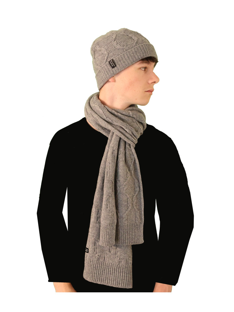 Ensemble bonnet écharpe à torsades pur cachemire gris