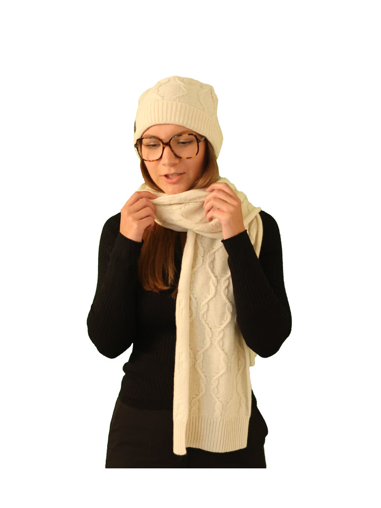 Ensemble bonnet écharpe à torsades pur cachemire écru Ensemble bonnet écharpe à torsades pur cachemire écru