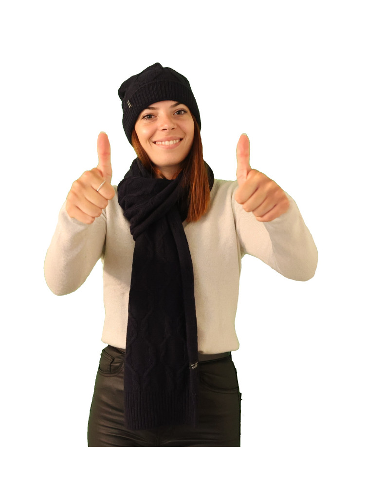 Ensemble bonnet écharpe à torsades pur cachemire marine Ensemble bonnet écharpe à torsades pur cachemire marine