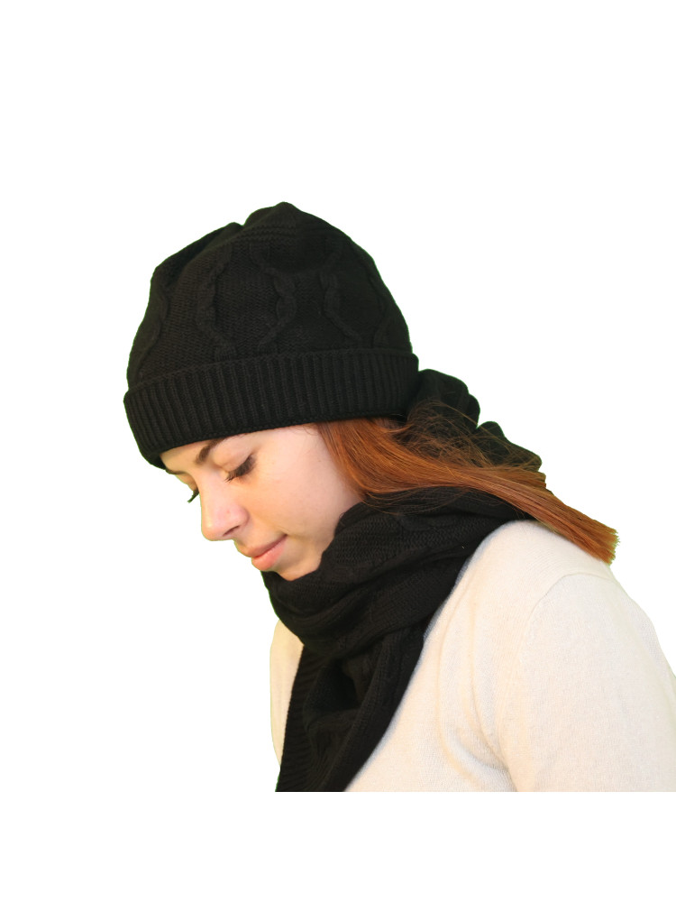 Ensemble bonnet écharpe à torsades pur cachemire noir Ensemble bonnet écharpe à torsades pur cachemire noir
