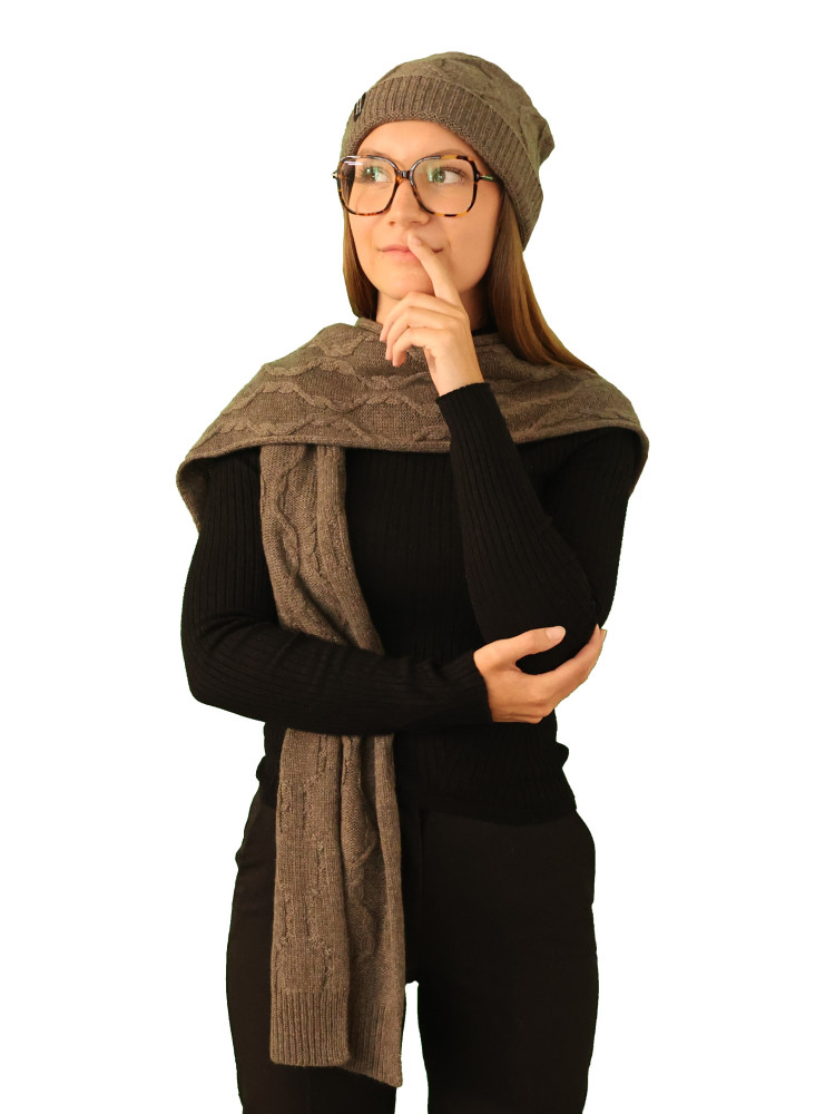 Ensemble bonnet écharpe à torsades pur cachemire marron Ensemble bonnet écharpe à torsades pur cachemire marron