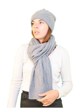 Ensemble bonnet écharpe à torsades pur cachemire gris