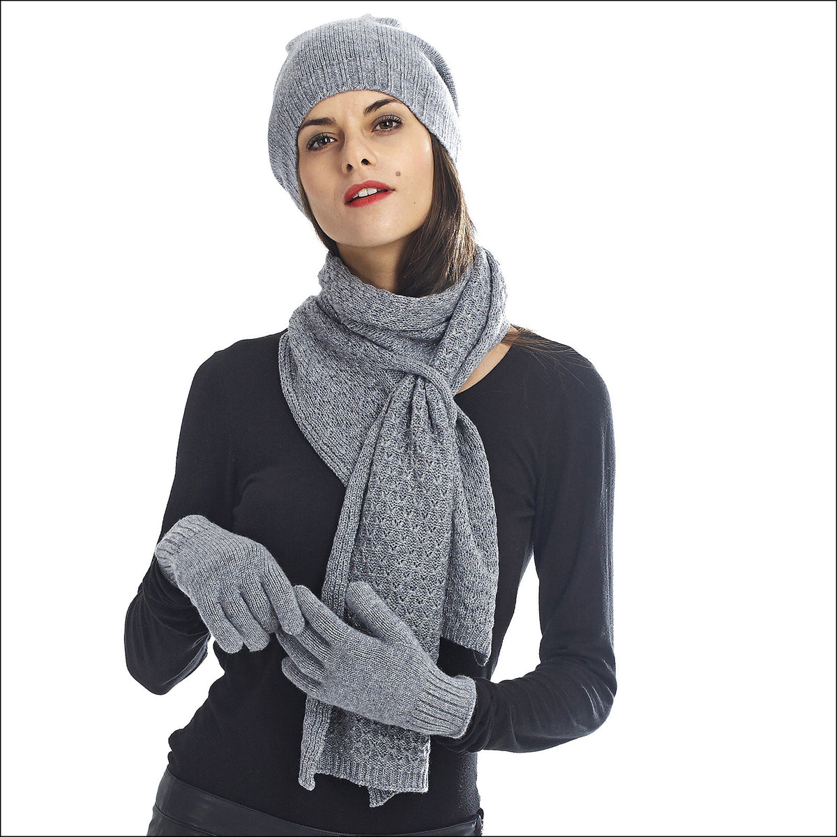 Thème cachemire brillant bonnet écharpe gants femme - gris