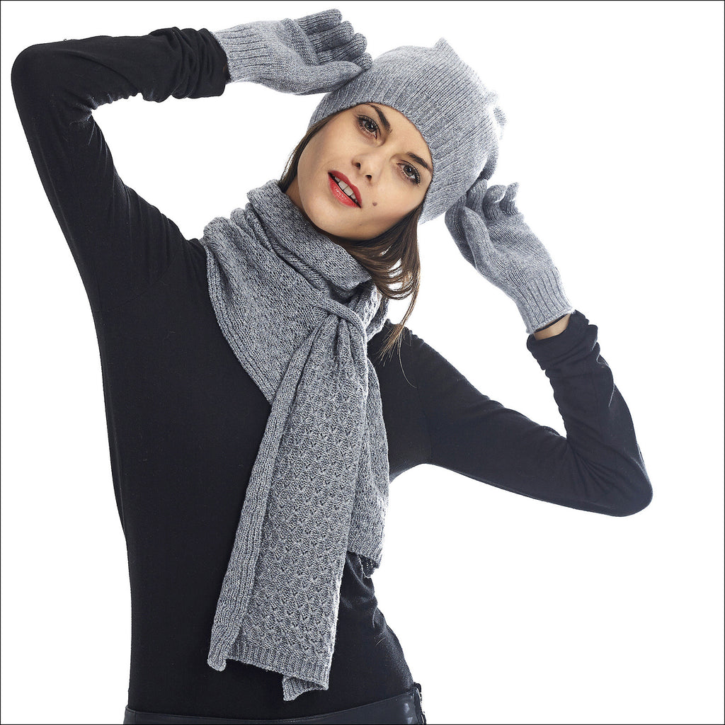 Thème cachemire brillant bonnet écharpe gants femme - gris
