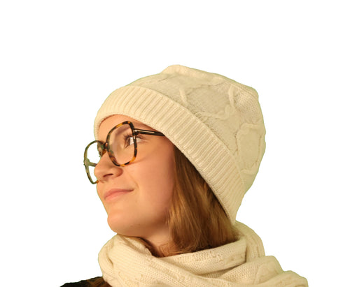 Bonnet torsade cachemire écru pour femme