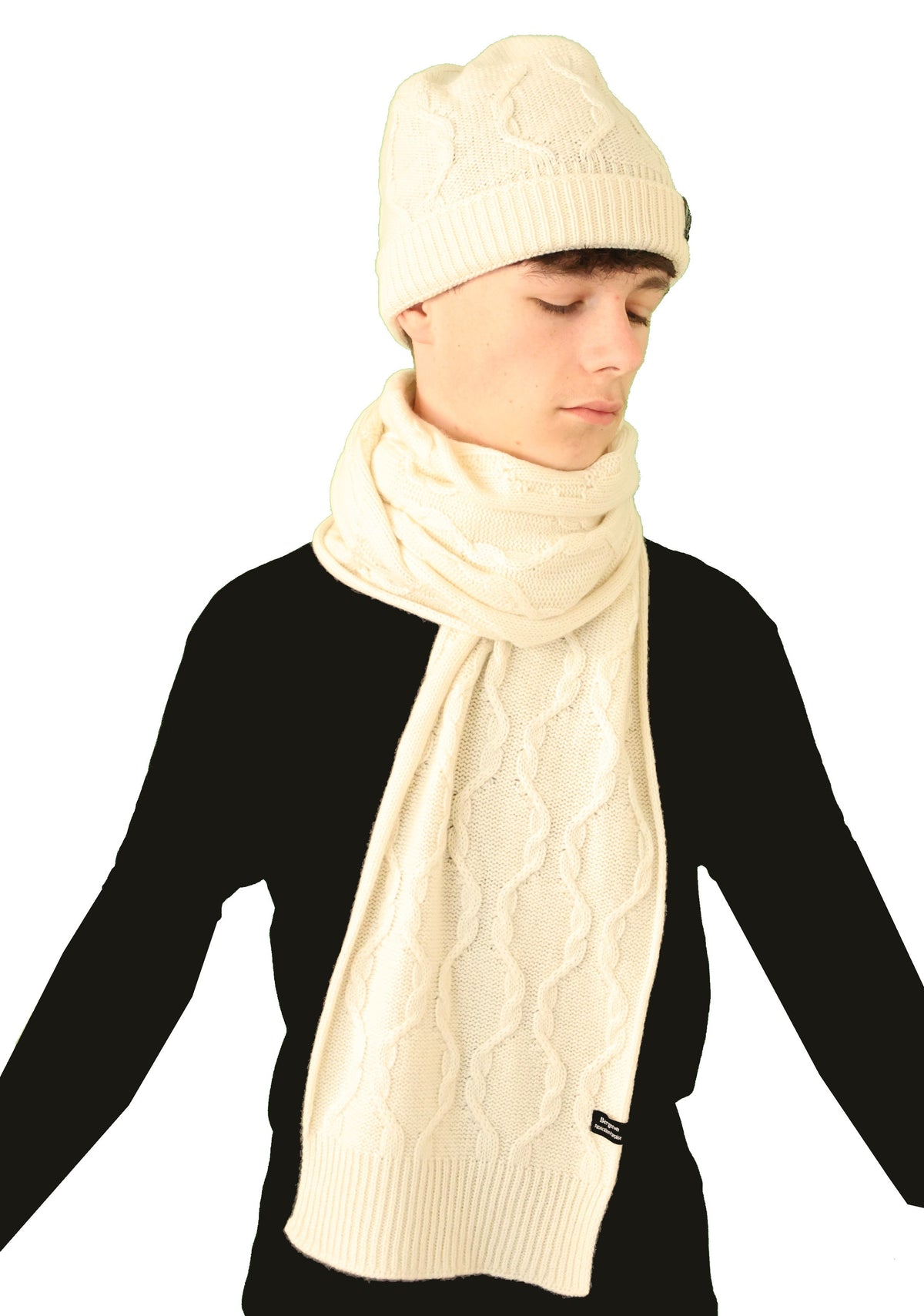 Ensemble bonnet écharpe à torsades pur cachemire écru