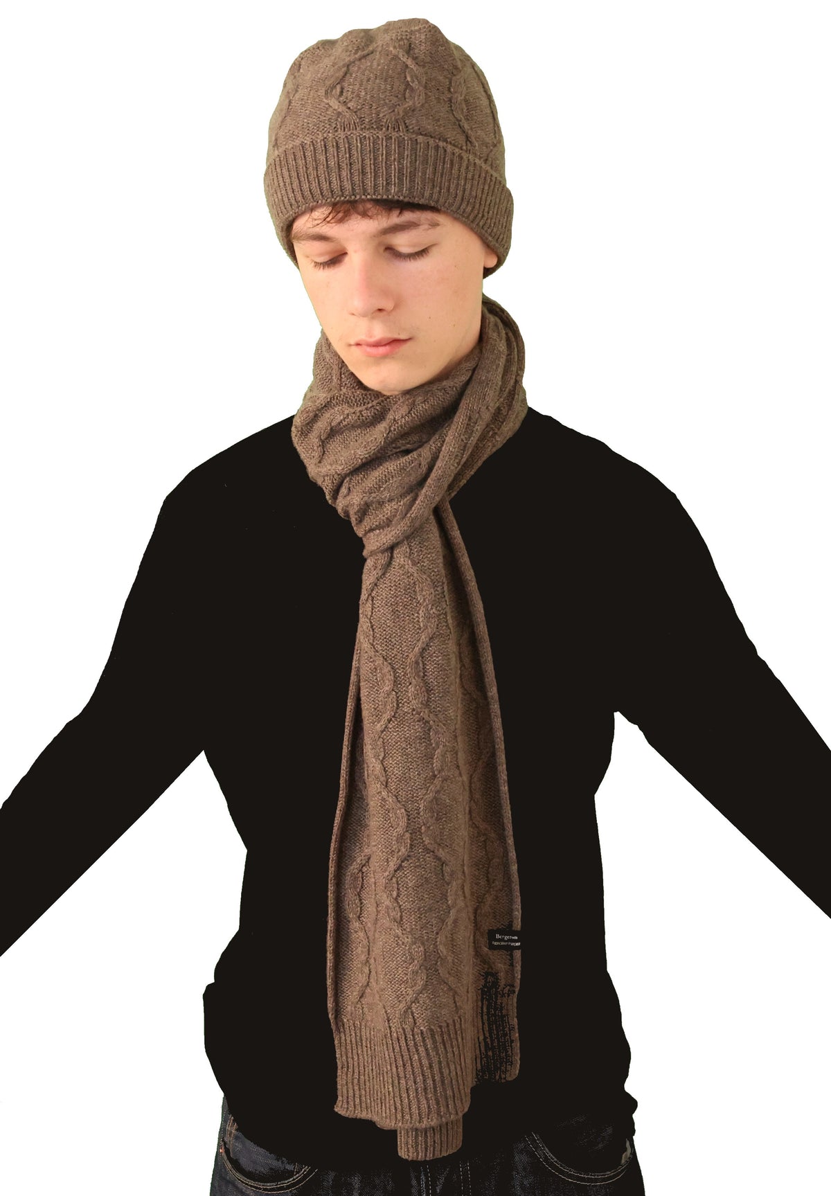 Ensemble bonnet écharpe à torsades pur cachemire marron