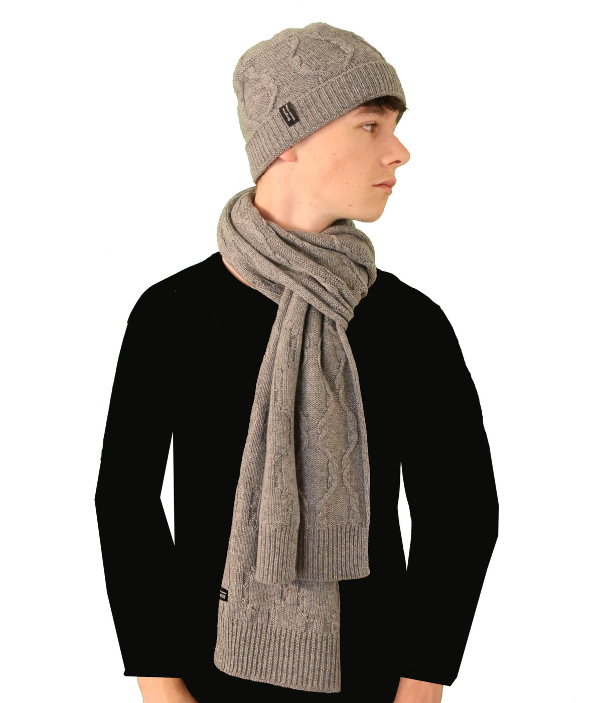 Ensemble bonnet écharpe à torsades pur cachemire gris