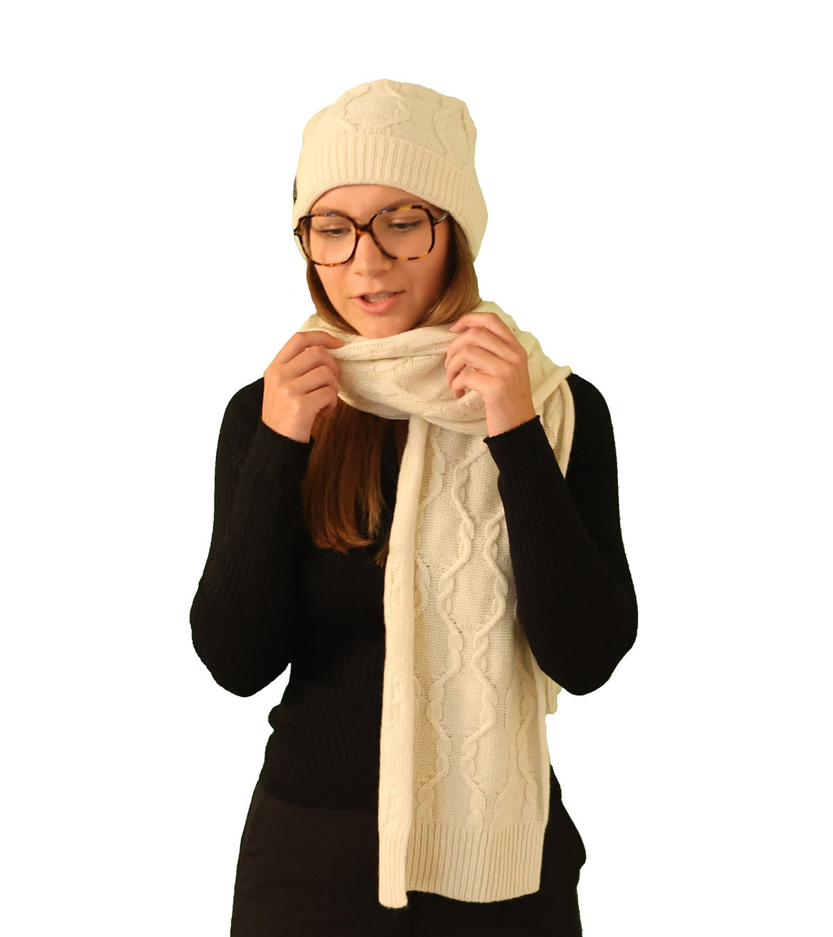 Ensemble bonnet écharpe à torsades pur cachemire écru