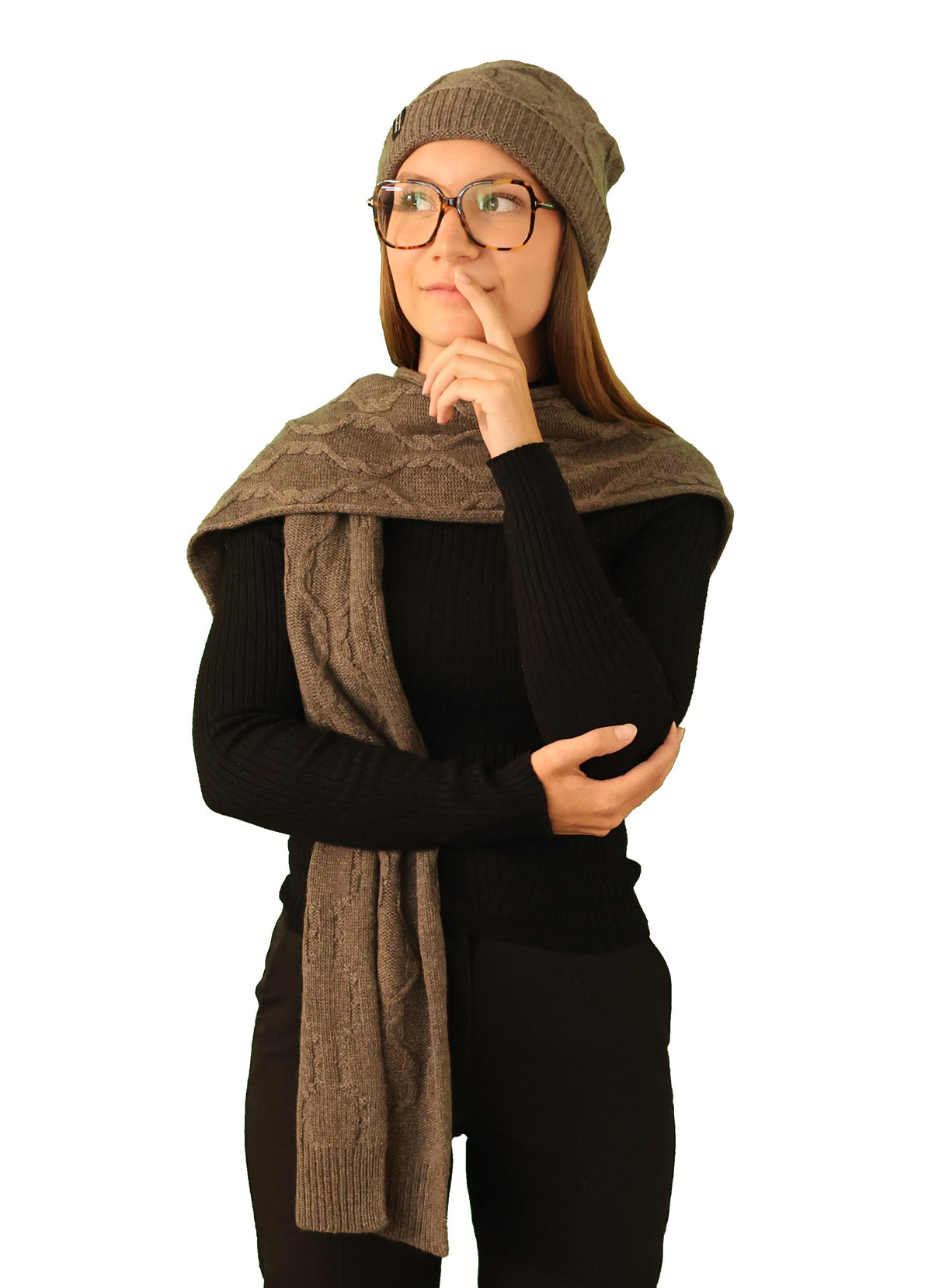Ensemble bonnet écharpe à torsades pur cachemire marron