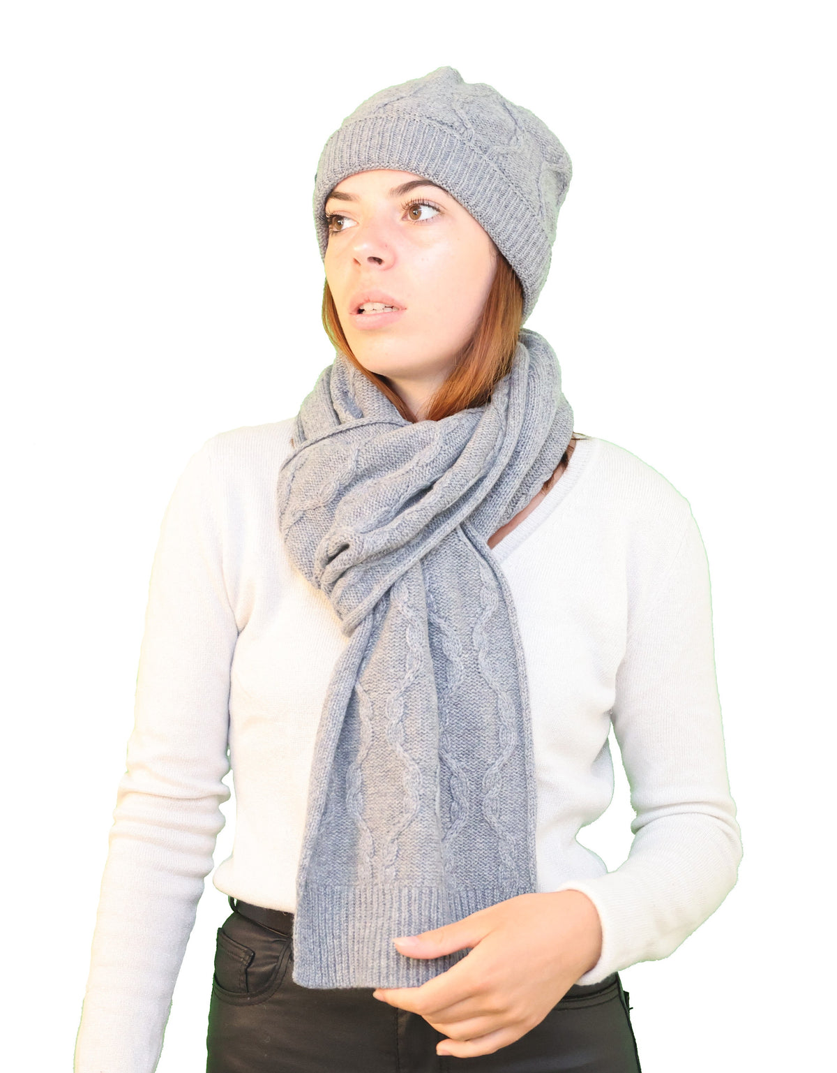 Ensemble bonnet écharpe à torsades pur cachemire gris