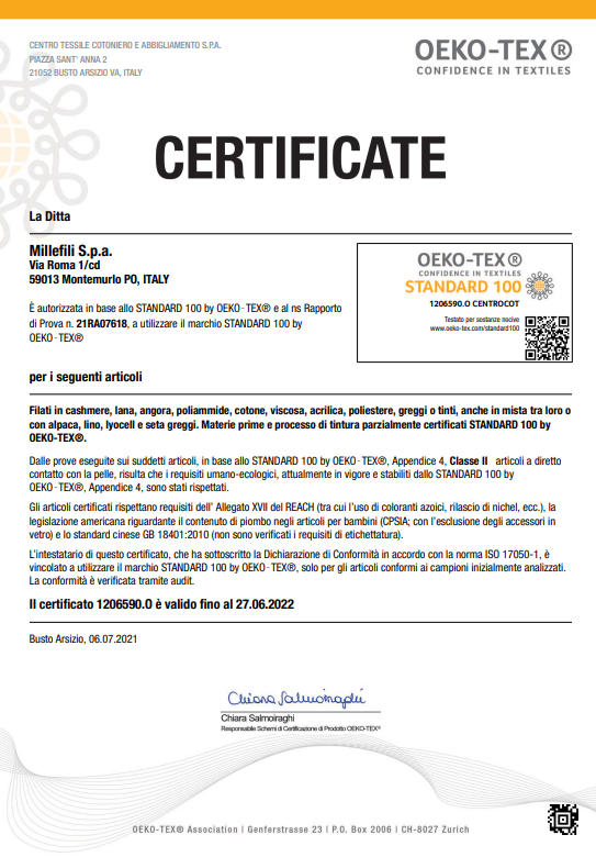 Certificat Oeko-tex 1