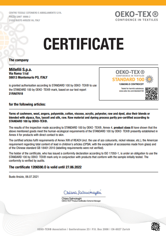 Certificat Oeko-Tex 2